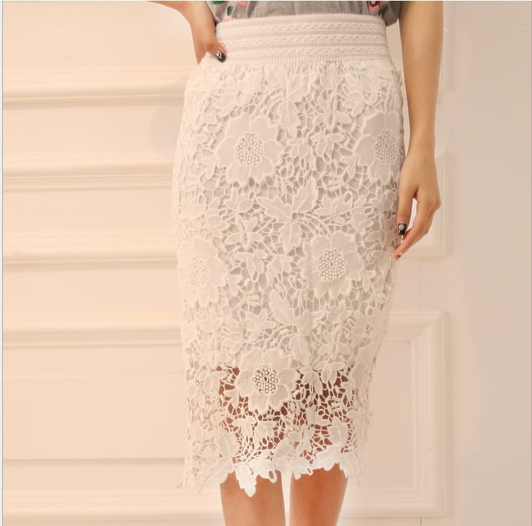 Elastic Waist High Waist Mid-Length Lace Skirt