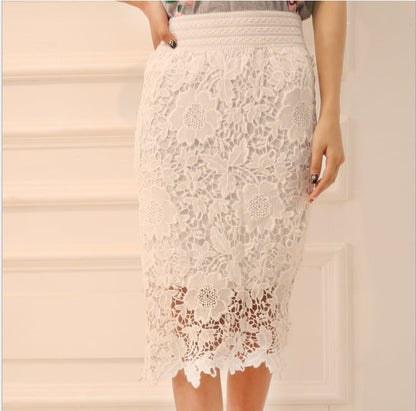 Elastic Waist High Waist Mid-Length Lace Skirt
