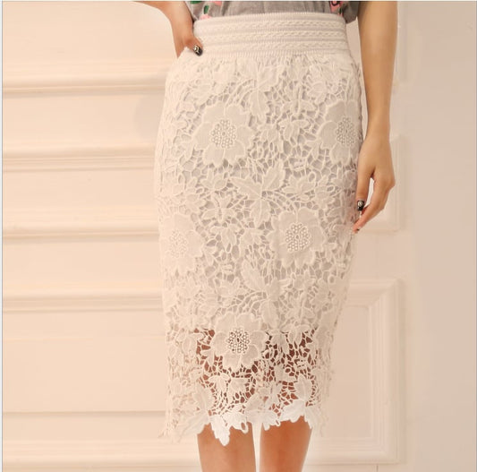 Elastic Waist High Waist Mid-Length Lace Skirt