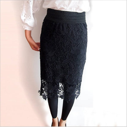 Elastic Waist High Waist Mid-Length Lace Skirt